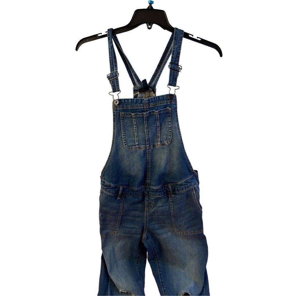 Indigo Blue Jean Distressed Overalls Medium M Elastic Waist rn#79913